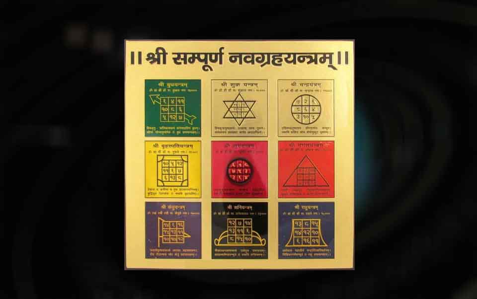 an image of navgrah yantra having all 9 navgrah with grah name and grah beej mantra