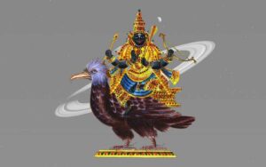 This is an image of shani chalisa pdf cover in color where shani dev riding a chariot led by a crow