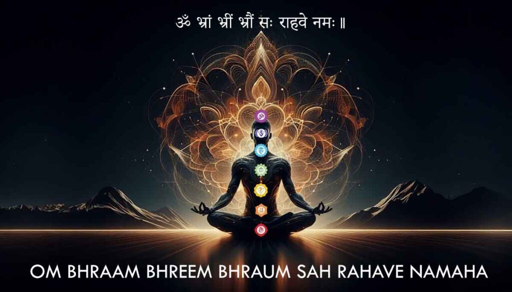 An image - person sitting in lotus posture and chanting Rahu Beej Mantra "Om Bhraam Bhreem Bhraum Sah Rahave Namaha"